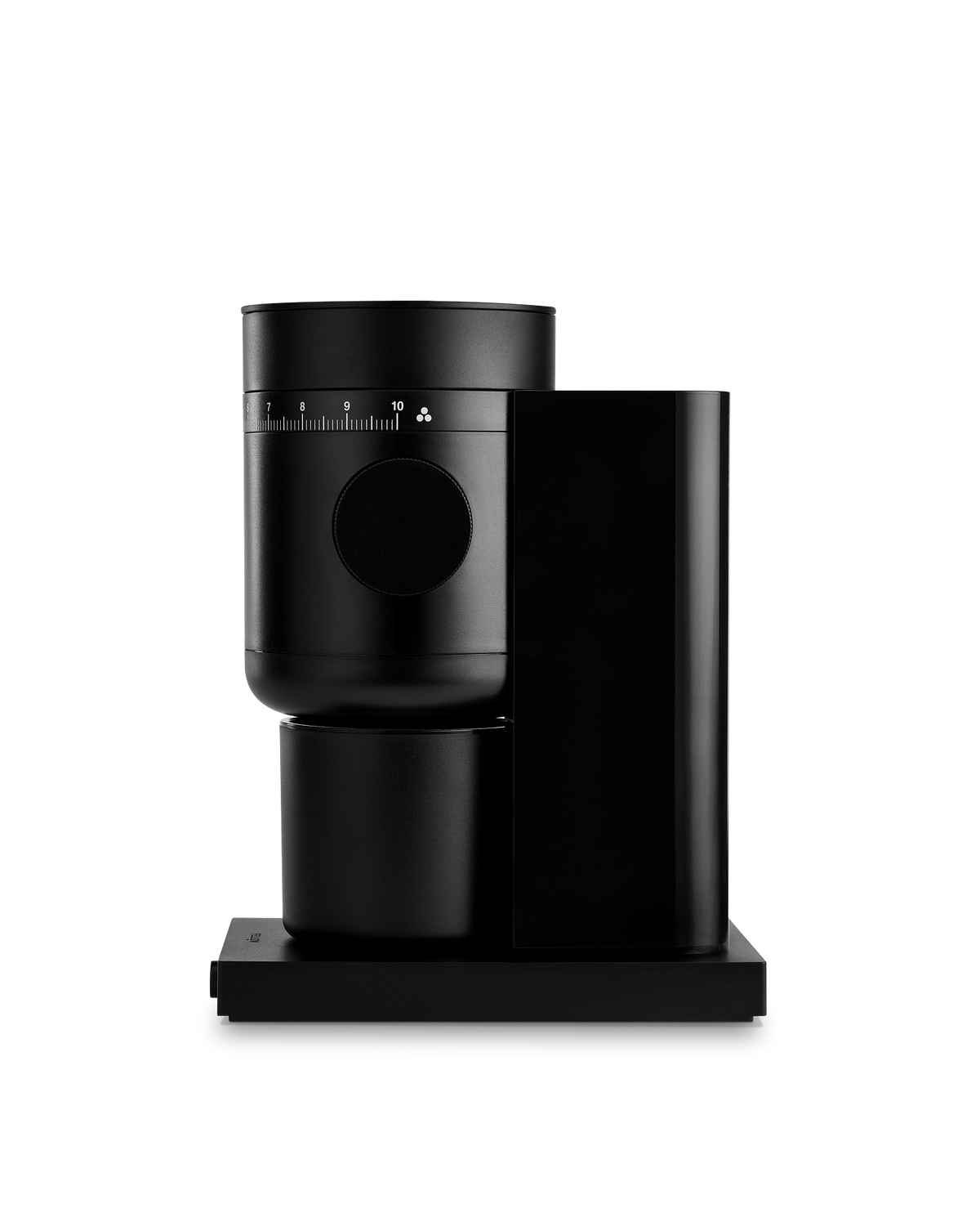 Fellow Opus 2 Conical Burr Grinder in black, side view with the catch cup in place