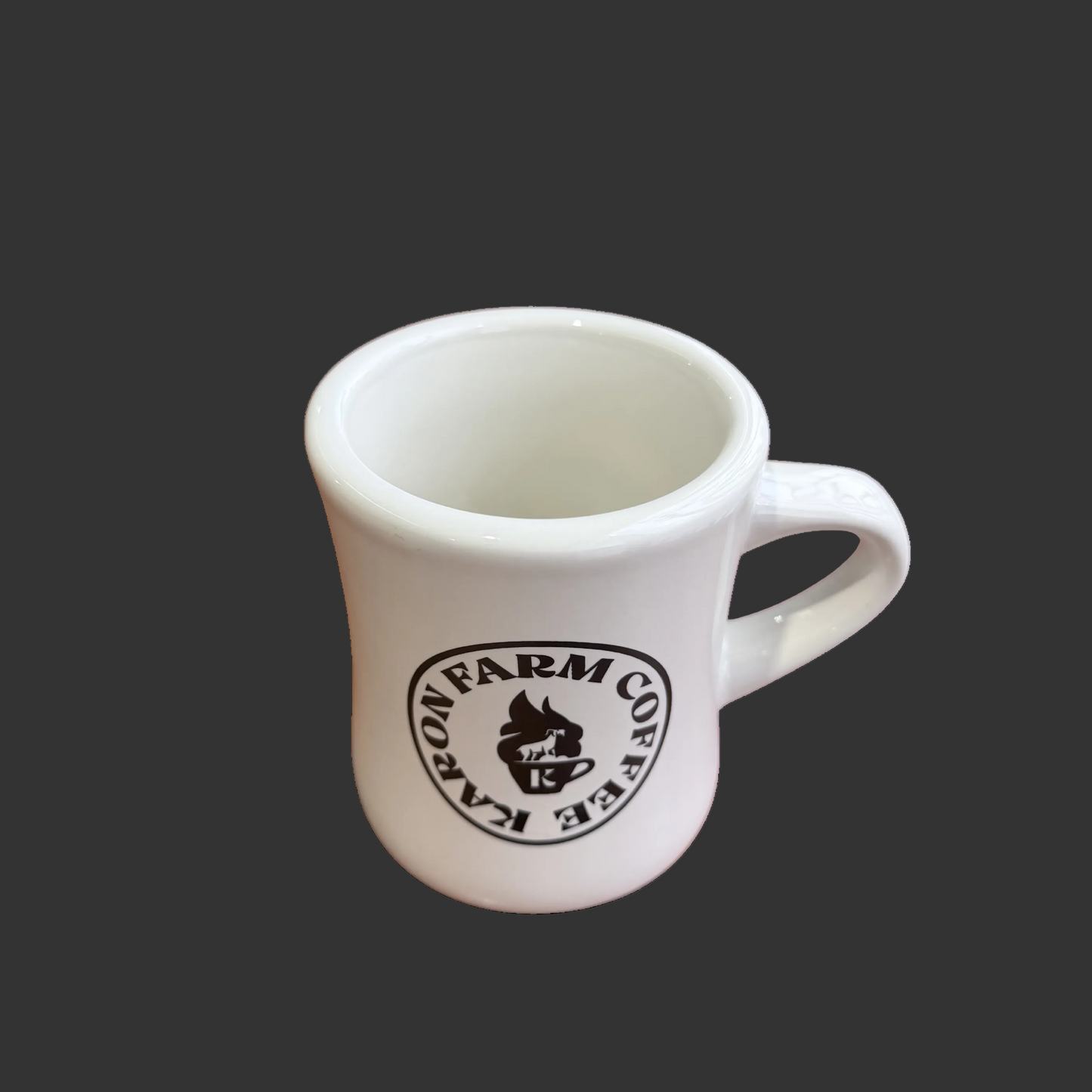 White mug with a black logo on a white background
