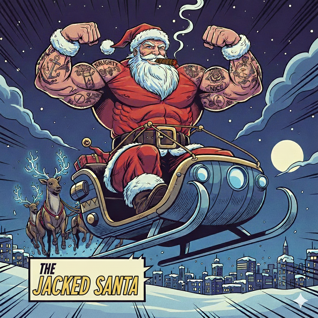Illustration of a muscular Santa Claus in a sleigh with tattoos, city skyline in the background