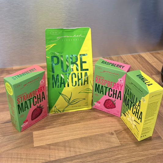 all matcha flaours on brown wooden background