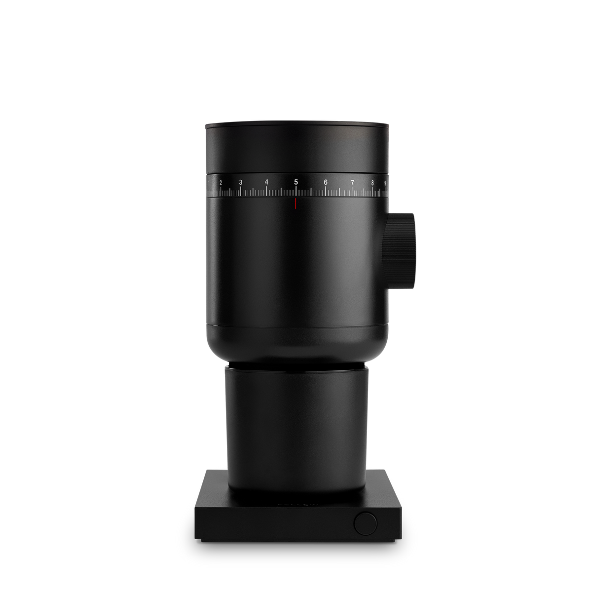 Fellow Opus 2 Conical Burr Grinder in black, front view showing the grind scale ring and square base
