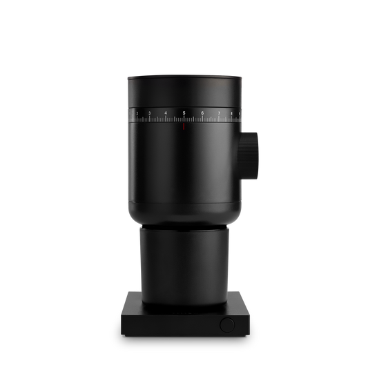 Fellow Opus 2 Conical Burr Grinder in black, front view showing the grind scale ring and square base