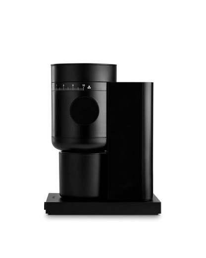 Fellow Opus 2 Conical Burr Grinder in black, side view with the catch cup in place