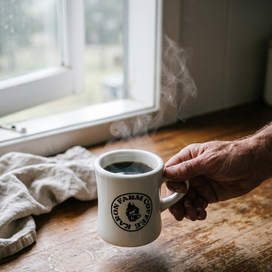 Person holding a coffee mug with steam rising, placed on a wooden surface near a window.