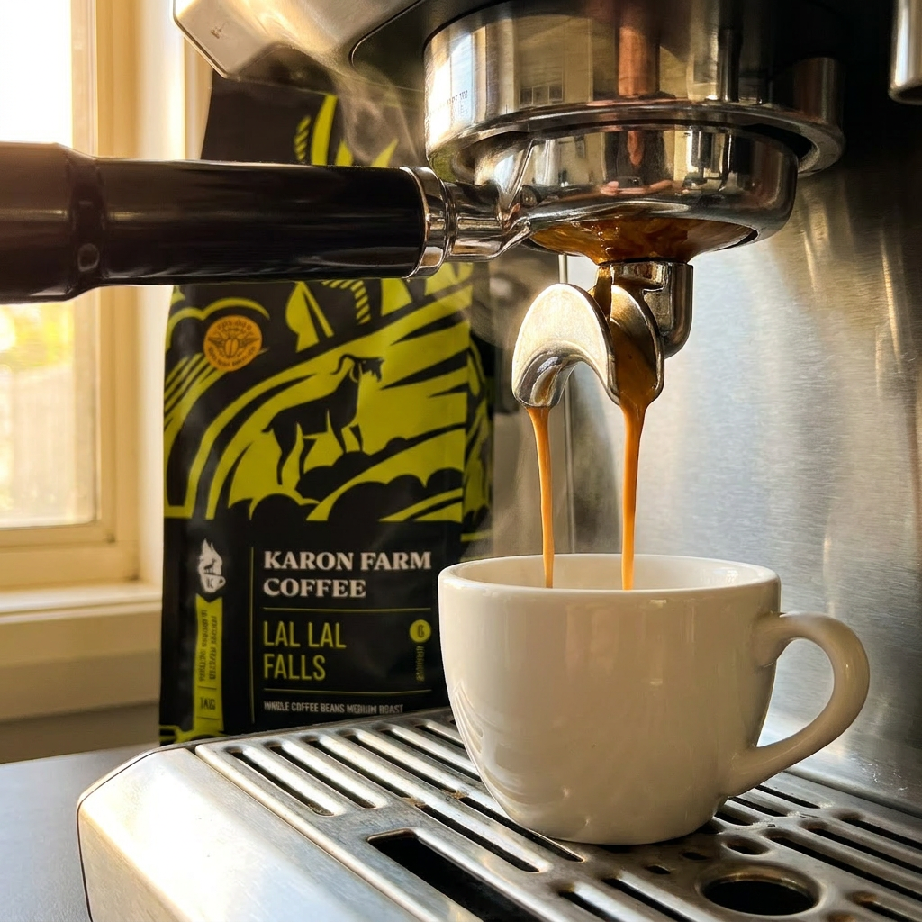 Espresso being poured into a white cup with Karon Farm Coffee packaging in the background.
