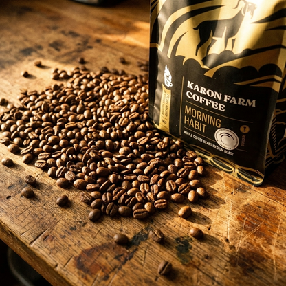 Morning Habit coffee beans on a wooden bench