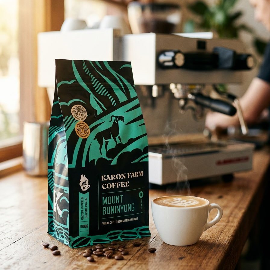 Karon Farm Coffee bag with a cup of coffee and coffee beans on a wooden table.