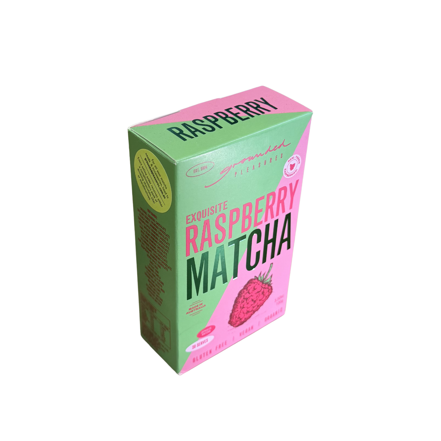 Box of raspberry matcha on a white background