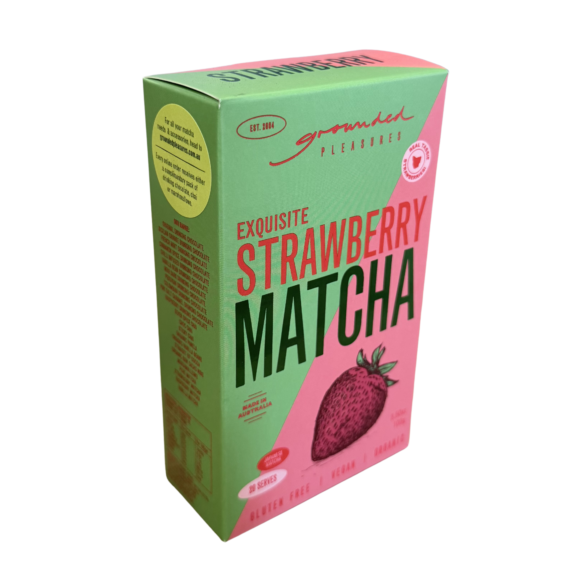 Box of strawberry matcha product on a white background
